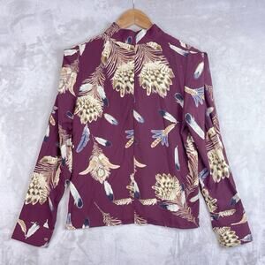 Pinkyotto New York Blouse Mock Nexk Feather Print Burgundy Top Med Boho Earthy